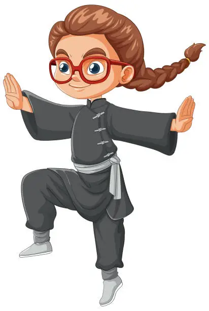 Vector illustration of Cartoon girl practicing martial arts stance.