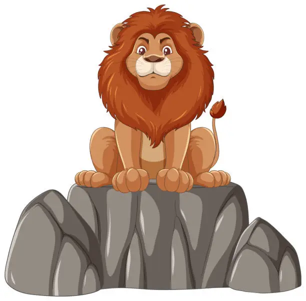 Vector illustration of Cartoon lion seated atop a grey stone formation.