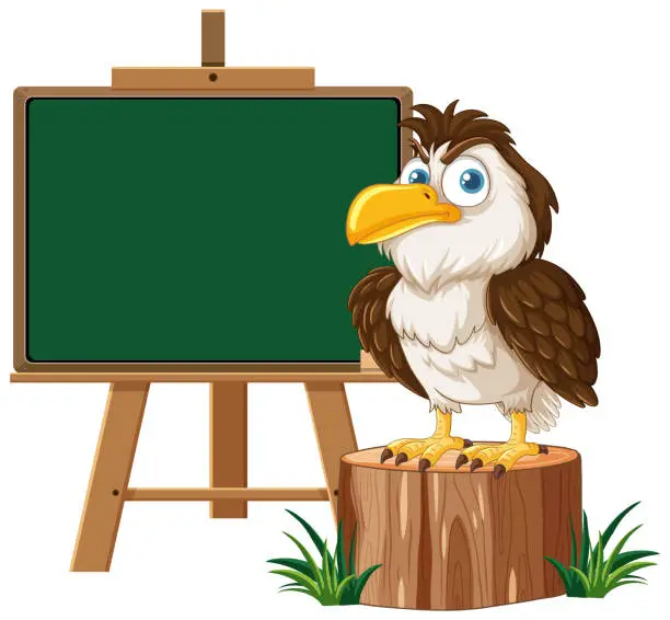 Vector illustration of Cartoon eagle standing by an empty chalkboard