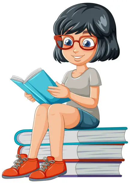 Vector illustration of Cartoon of a girl reading a book on stack of books