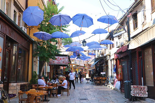 Skopje, North Macedonia - July 1st 2022: The street views and shopping areas in the historic Old Bazaar district