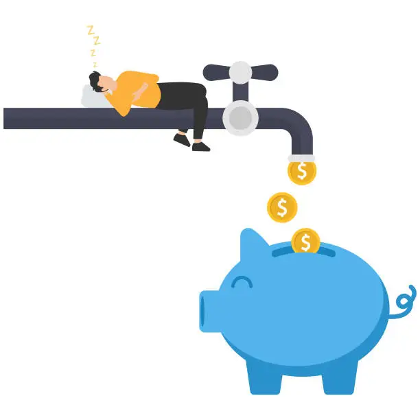 Vector illustration of Make money while sleeping, Passive income streams with side hustle, dividends, Property rental or investment profit, Man sleeping at night on pipe, Faucet with money banknote flow