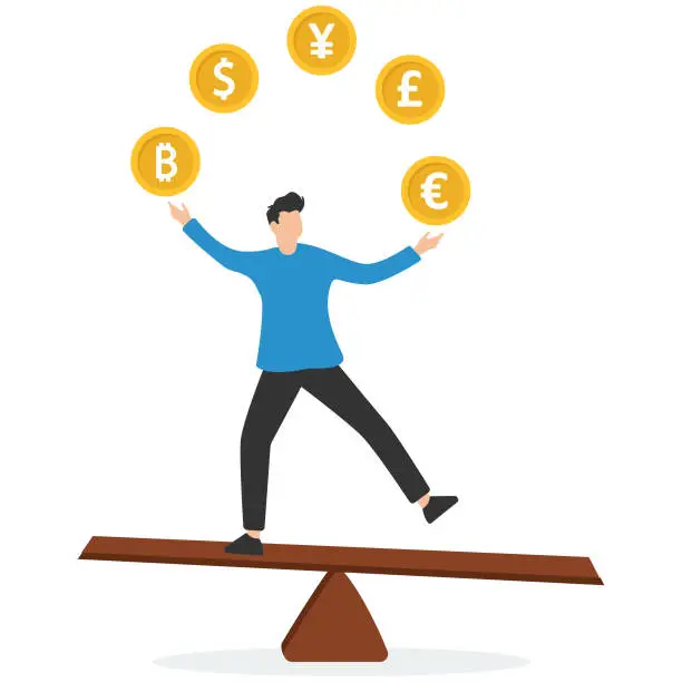 Vector illustration of Forex, foreign exchange trading, invest in currency price or country economic speculation, Expert juggling money currency coins, dollar, euro, pound, japan yen and Korean won