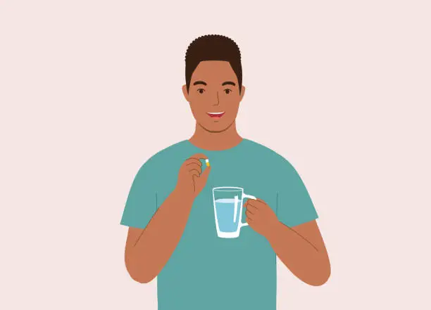 Vector illustration of Black Man Taking Pill With Water.