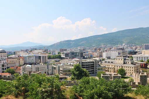 Skopje, North Macedonia - July 1st 2022: Aerial view of the cityscape of Skopje