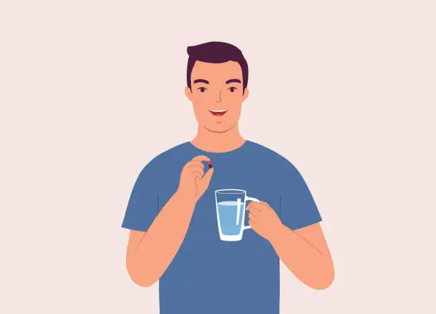 Vector illustration of Man Taking Pill With Water.