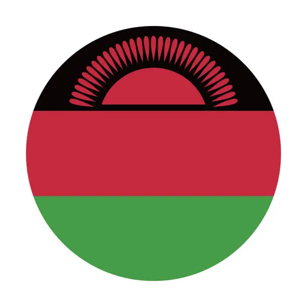 Vector illustration of Malawi circle flag. Circle icon flag. Standard color. Button flag icon. Digital illustration. Computer illustration. Vector illustration.