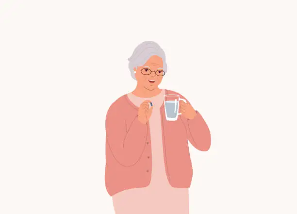 Vector illustration of Elderly Woman Taking Medicine With Water.
