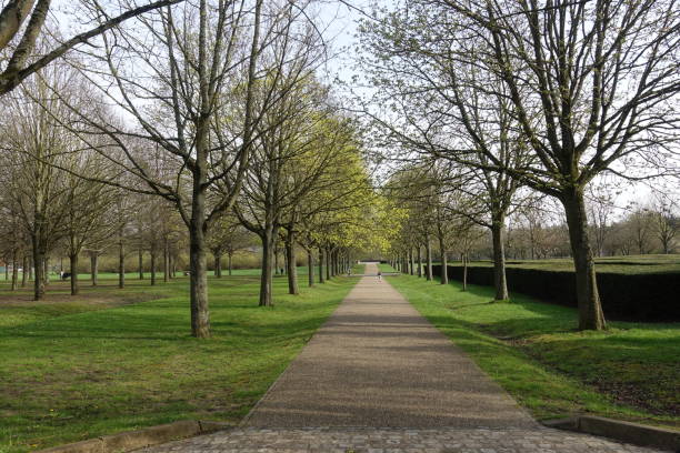 istock Pedestrian path lined with trees and lawn  Effect of perspective  Public park in the Paris region  Spring season 2106154199