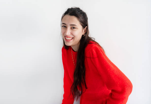 istock Laughing woman on white 2106179325