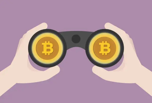 Vector illustration of Businessman uses binoculars to find a bitcoin for financial freedom concept