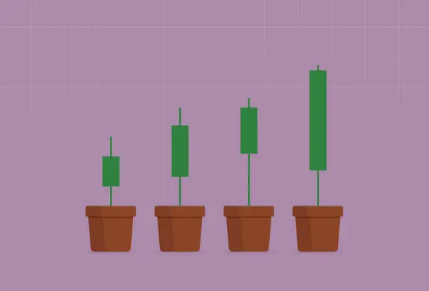 Vector illustration of stock market candle bar graph with flower pot for investing concept