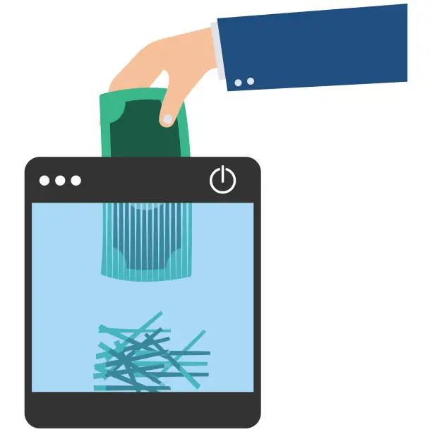 Vector illustration of Money shred bad investment, scam or fraud causing losing money, Mistake or financial failure spending, Hand feed banknote money into shredder, Destroy losing all his wealth