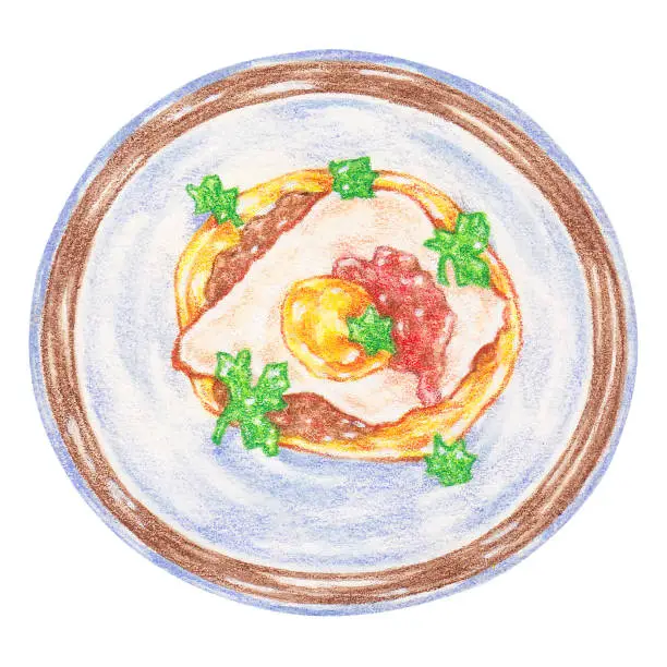 Vector illustration of huevos rancheros color pencil drawing style, egg dishes from around the world