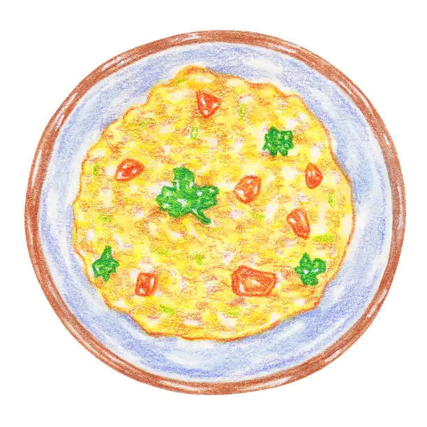 Vector illustration of egg bhurji color pencil drawing style, egg dishes from around the world