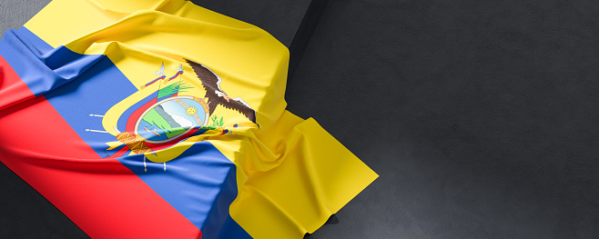 Flag of Ecuador. Fabric textured Ecuador flag isolated on dark background. 3D illustration