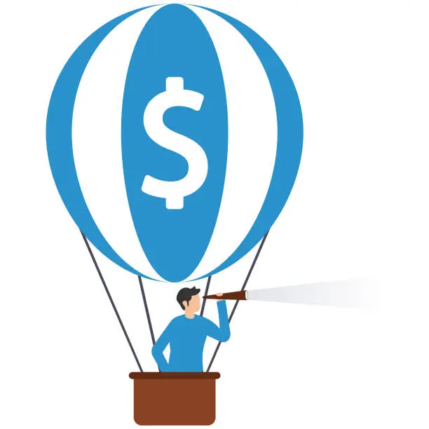 Vector illustration of Economic prediction, Forecast or vision, inflation and monetary policy or investment profit and earning, Flying on money dollar sign, Man in balloon look through telescope