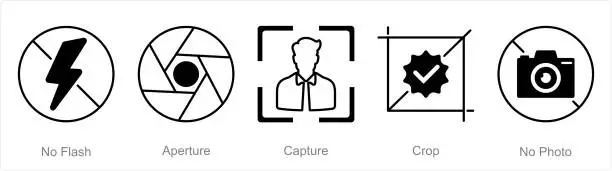 Vector illustration of A set of 5 Photography icons as no flash, aperture, capture