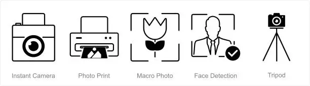 Vector illustration of A set of 5 Photography icons as instant camera, photo print, macro photo