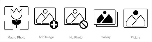 Vector illustration of A set of 5 Photography icons as macro photo, add image, no photo