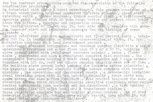 Text background, written on an old typewriter with a grunge layer. It is part of a resume of a civil engineer who has worked in the sixties in South America.