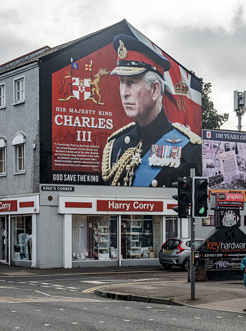 Belfast, Northern Ireland UK: September 20th of 2023. Portrait of the king of United Kingdom in a street in Shankill road BelfastBelfast, Northern Ireland UK: September 20th of 2023. Portrait of the king of United Kingdom on top of a store in a street in Shankill road Belfast