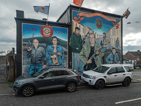 Belfast, Northern Ireland UK: September 20th of 2023. Cars parked in a street in Shankill road Belfast