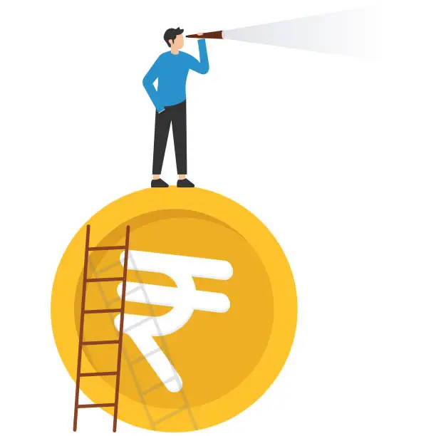 Vector illustration of indian economic forecast or vision, EU financial or economic recession ahead, Look to see future, Climb up to indian money to see opportunity