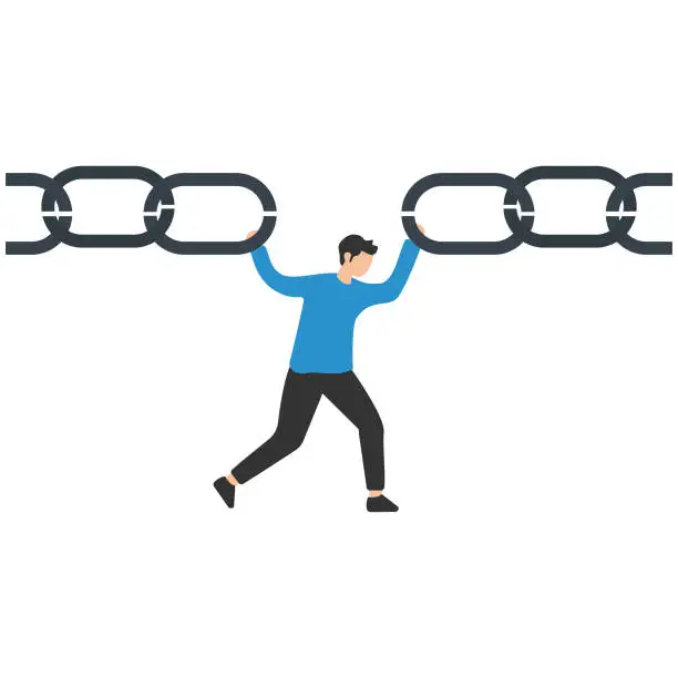 Vector illustration of Supply chain problem, risk or vulnerability of industrial business, Connection or reliability to hold chain together, Manager holding metal chain together
