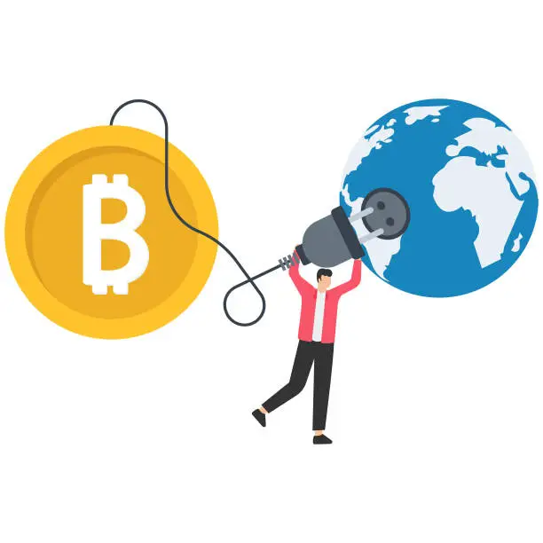 Vector illustration of Cryptocurrency sustainability problem, bitcoin and crypto currency Mining energy consumption not environmentally friendly, Big bitcoin with an electric plug, Sucking energy from planet earth