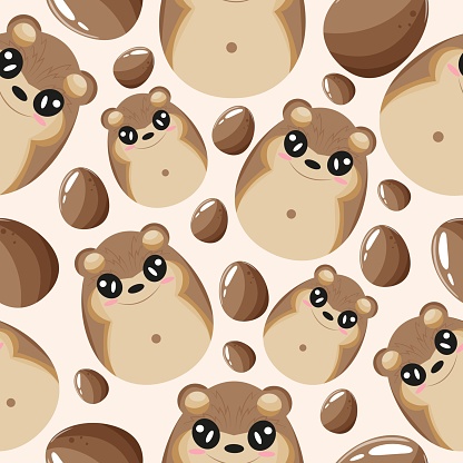 Easter seamless pattern with decorated eggs with brown beavers and brown eggs for holiday posters, textiles or packaging