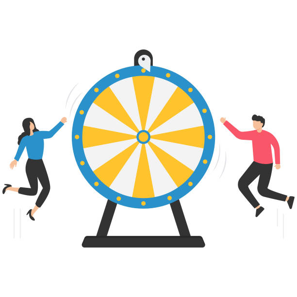 ilustrações de stock, clip art, desenhos animados e ícones de life depends on luck, fortune wheel randomness, chance and opportunity to get a new job, investment winning or gambling, looking at spinning fortune wheel - wheel incentive spinning luck