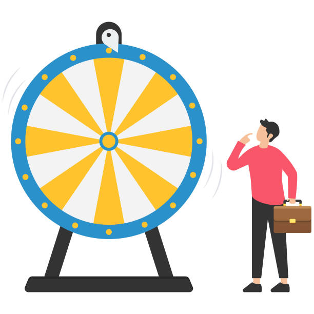 ilustrações de stock, clip art, desenhos animados e ícones de life depends on luck, fortune wheel randomness, chance and opportunity to get a new job, investment winning or gambling, looking at spinning fortune wheel - wheel incentive spinning luck
