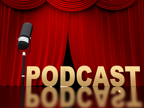 Podcast recording on red curtain background