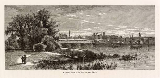 CONNECTICUT - Hartford from East Side of River - 1874 America Landscape You're looking at a beautifully detailed engraved illustration from the 'Picturesque America' series. Published by D. Appleton and Company of New York in 1872 and 1874 and edited by the romantic poet and journalist William Cullen Bryant. The "Picturesque America; or, The Land We Live In. A Delineation by Pen and Pencil of the Mountains, Rivers, Lakes, Forests, Water-falls, Shores, Cañons, Valleys, Cities, and Other Picturesque Features of Our Country. With Illustrations on Steel and Wood, by Eminent American Artists" series was published and delivered as a subscription; semi-monthly parts were sent out to subscribers. Once complete, the subscription would be bound into volumes. The stately, bound two volume set was proudly displayed in parlors of subscriber homes as a show of status. Engravers included Robert Hinshelwood (1812-1885), Edward Paxman Brandard (1819-1898), Samuel Valentine Hunt (1803-1893), William Wellstood (1819-1900), William Chapin (1802-1888), Henry Bryan Hall (1808-1884). connecticut stock illustrations