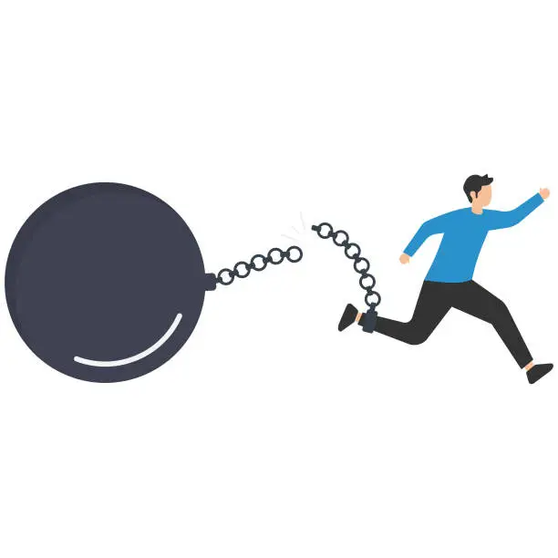 Vector illustration of Break free or breaking bad habits or routines for freedom, Pay off debt, Destroy shackle or anxiety burden, escape and liberation, Use hammer to break heavy chain