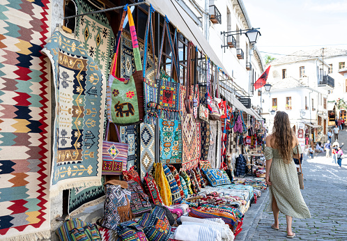 Many colorful carpets and carpet for sale in the store at Istanbul street
