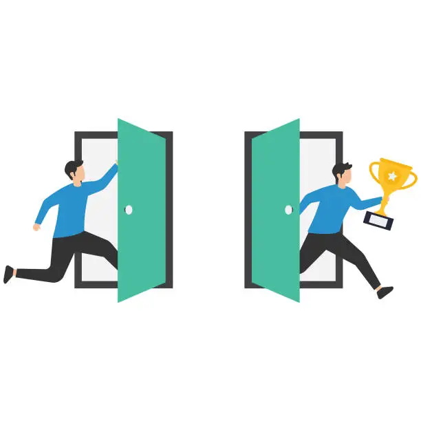 Vector illustration of Shortcut for business success, Solution or business opportunity, idea or creativity to solve problem, Leadership determination, Men access shortcut door to cross the gap