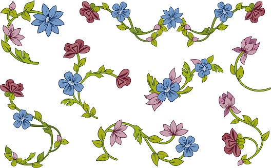 Vector set of colored ornamental flowers for spring, summer and wedding decorative designs. Oriental and Asian style.