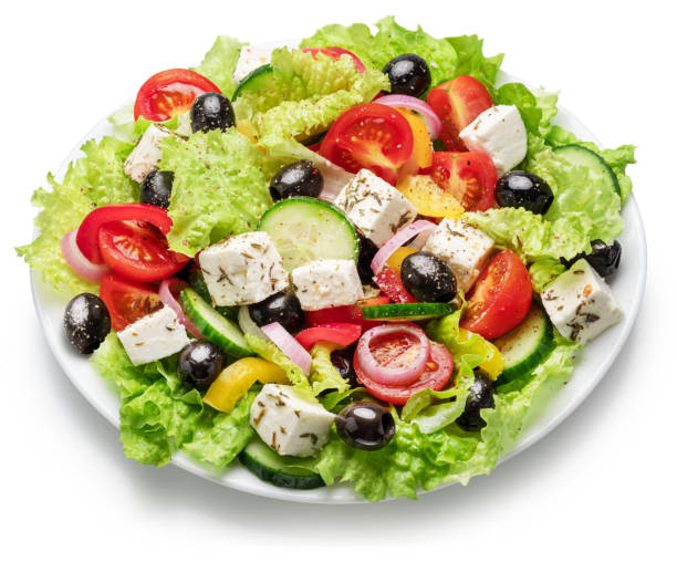 istock Greek salad on white plate isolated on white background. File contains clipping path. 2106306848