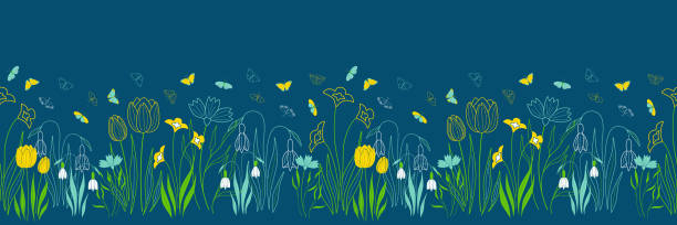 ilustraciones, imágenes clip art, dibujos animados e iconos de stock de print - daffodil flower silhouette butterfly