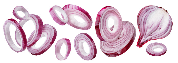 Red onion rings and onion slices isolated on a white background, clipping path. Organic food