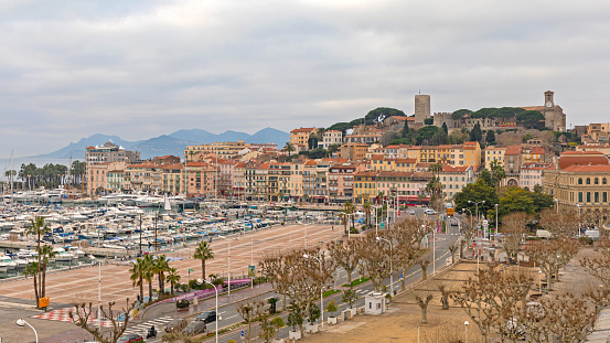Cannes, France - January 29, 2018: Aerial View of Yachts Marina and Castle Fort at Winter Morning in Old Town.
