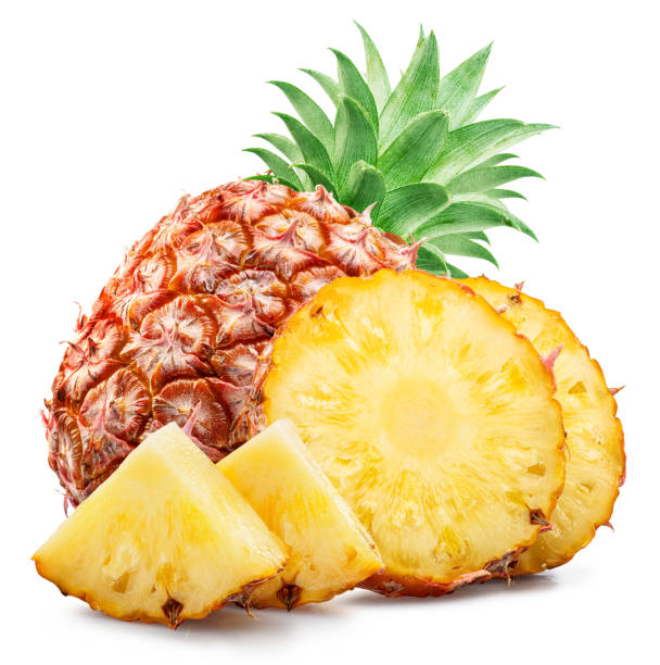 istock Ripe pineapple  and pineapple slices isolated on white background. File contains clipping path. 2106313194