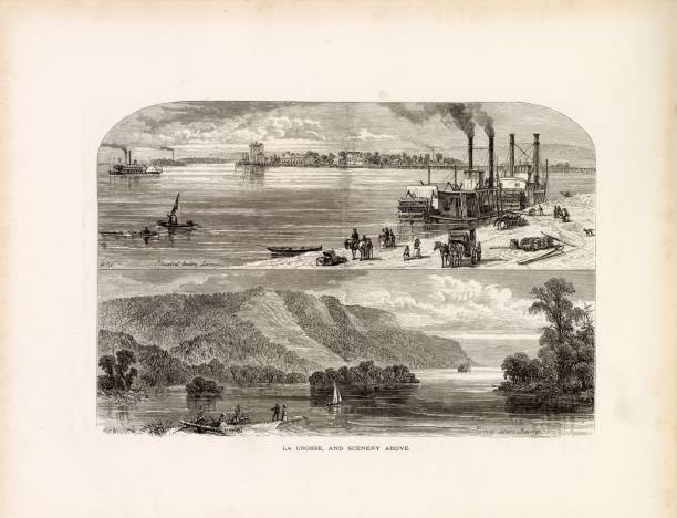 река миссисипи - ла-кросс и пейзаж над головой - висконсин, 1874 - mississippi river illustrations stock illustrations