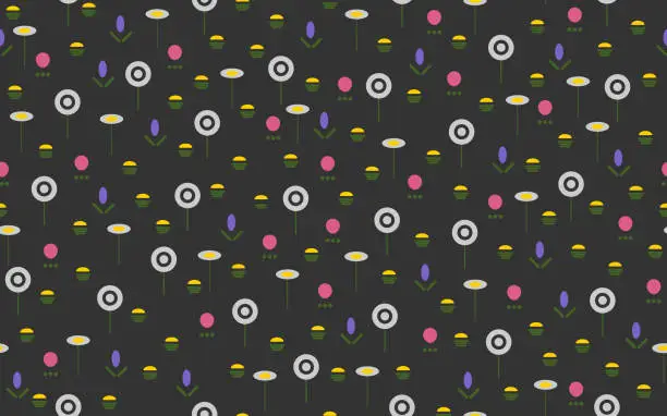 Vector illustration of Meadow flowers isolated on a black background. Seamless pattern. Abstract background for paper, cover, fabric, textile, dishes, interior decor.