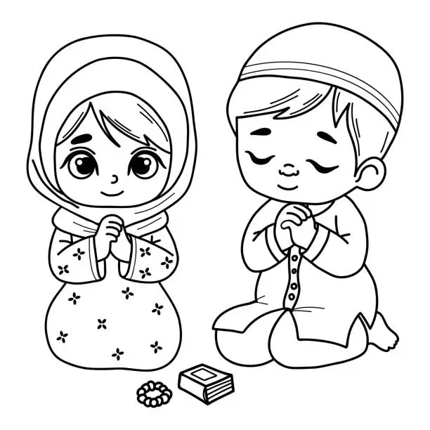 Vector illustration of Cute traditional praying Islamic children. Religious ethnic believer little girl and boy character on his knees with folded hands in prayer. Vector illustration. Isolated outline hand drawings