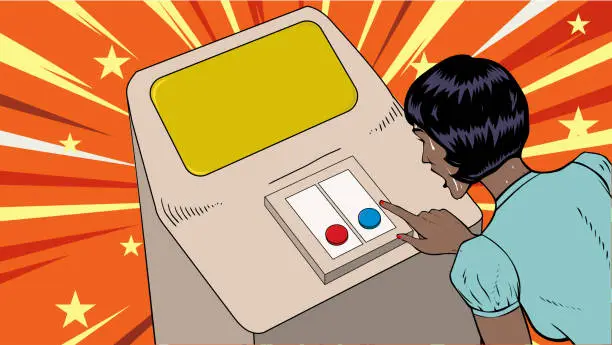 Vector illustration of Vector Pop Art Sweating Woman Choosing Button Meme Stock Illustration