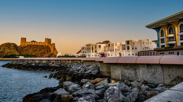 the royal palace and al mirani fort in muscat, oman - al mirani imagens e fotografias de stock