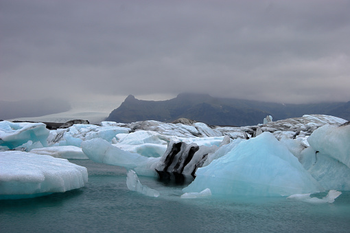 The ice filled lagoon at Jökulsárlón at the base of the glacier